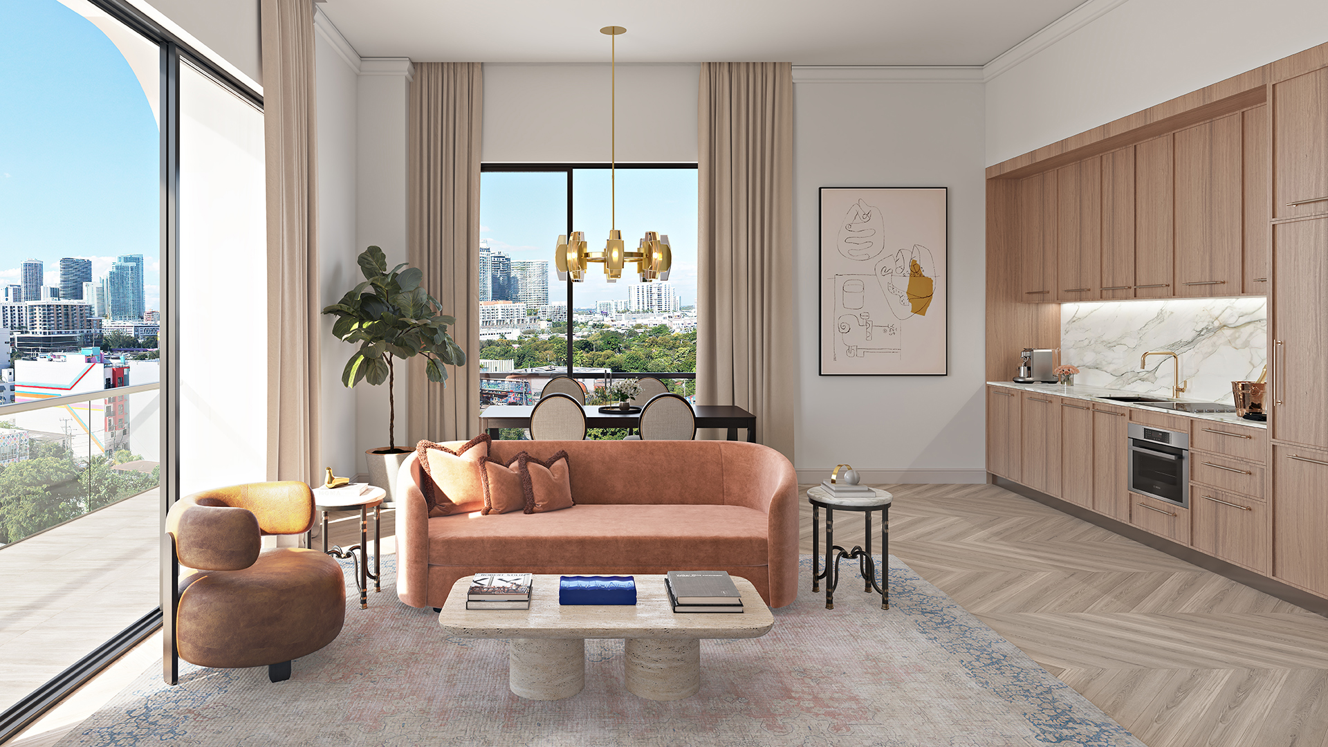 Living room with city view and curated art