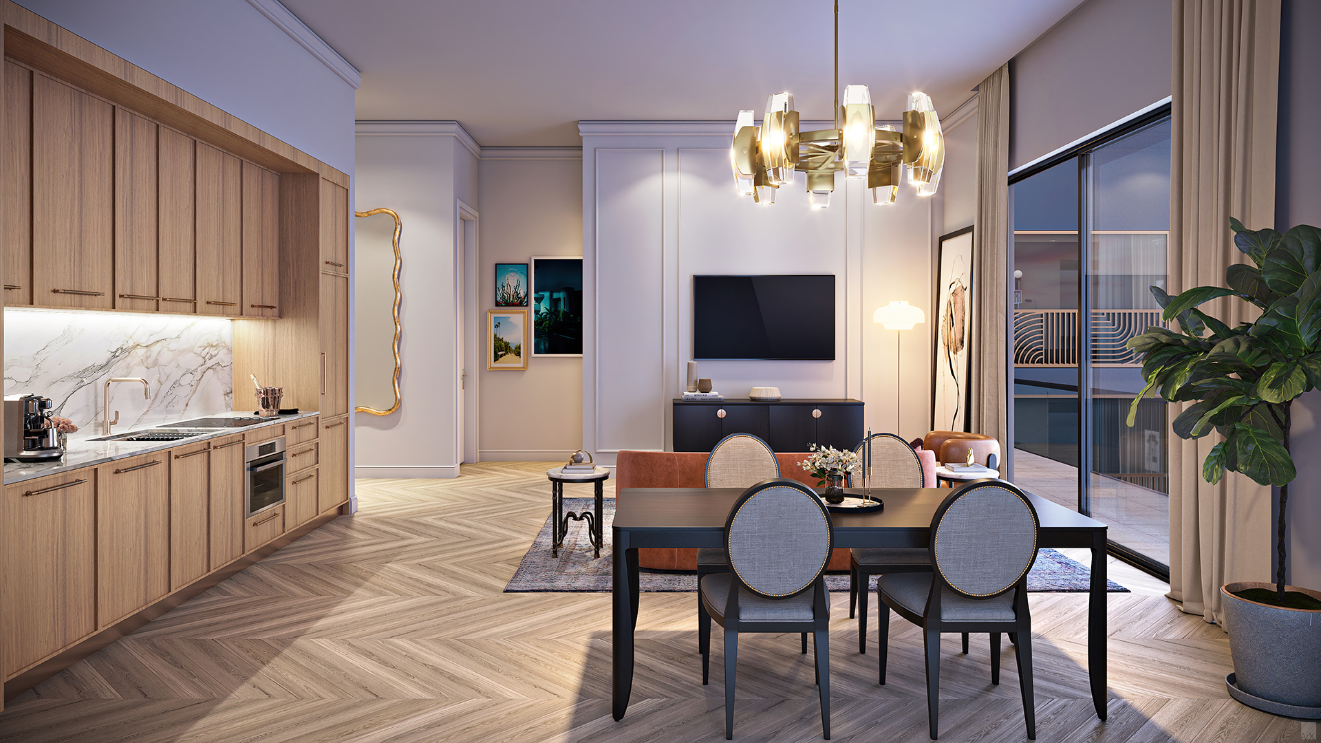 Open living and dining area with chef's kitchen